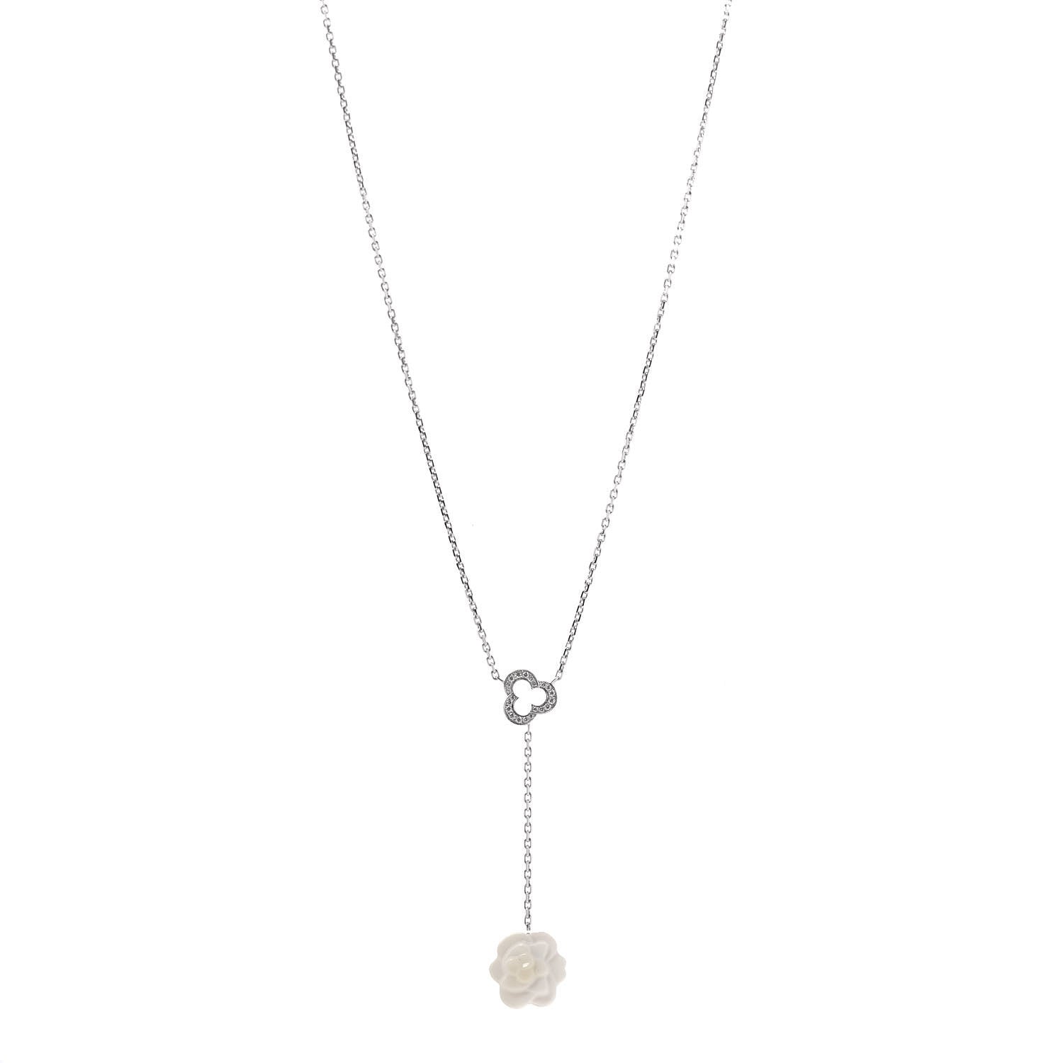 Chanel 18K White Gold Diamond Agate Camelia Sculpte Pendant Necklace 1 of 6
