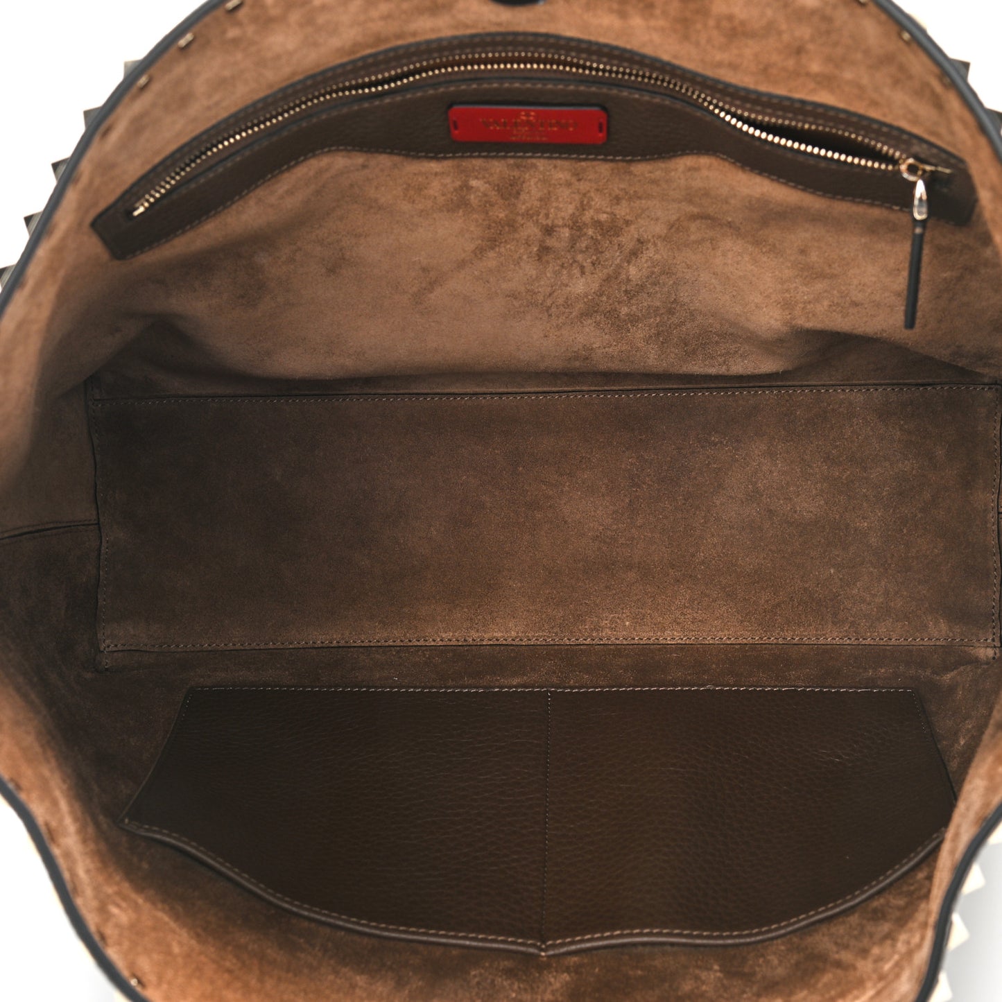 Grained Calfskin Rockstud Shoulder Tote Deep Taupe