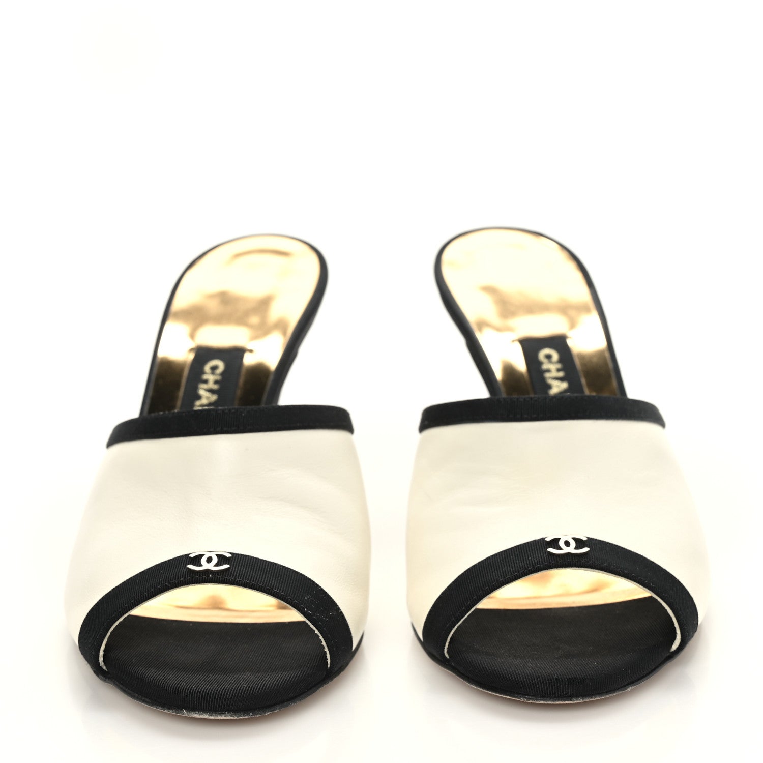 Chanel Lambskin Grosgrain CC Mules 36.5 Ivory Black 2 of 8