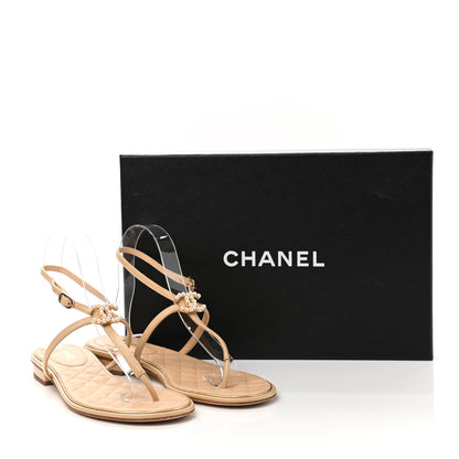 Chanel Lambskin Quilted Pearl CC Thong Sandals 38 Beige 9 of 9