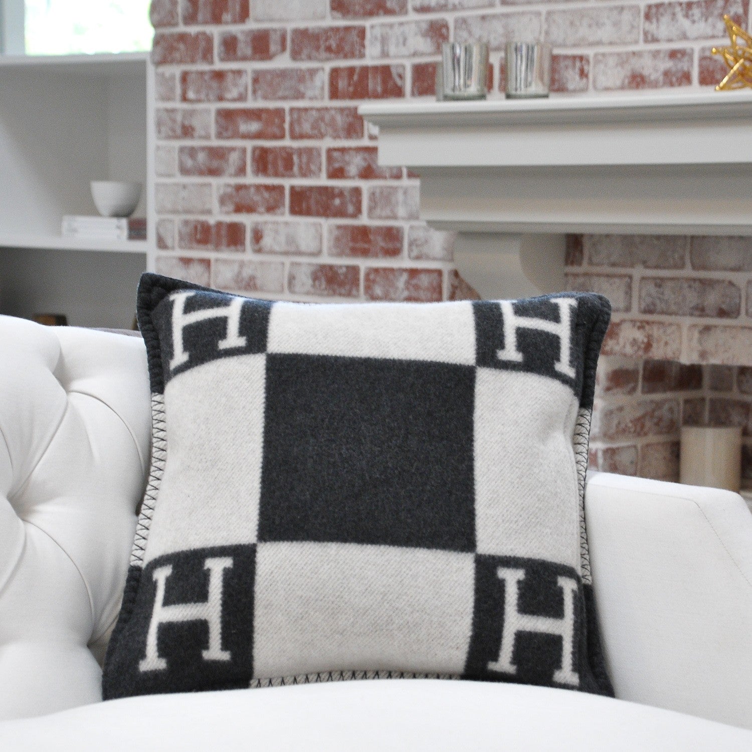 Hermes Wool Cashmere Avalon Pillow PM Ecru Gris Fonce 2 of 6