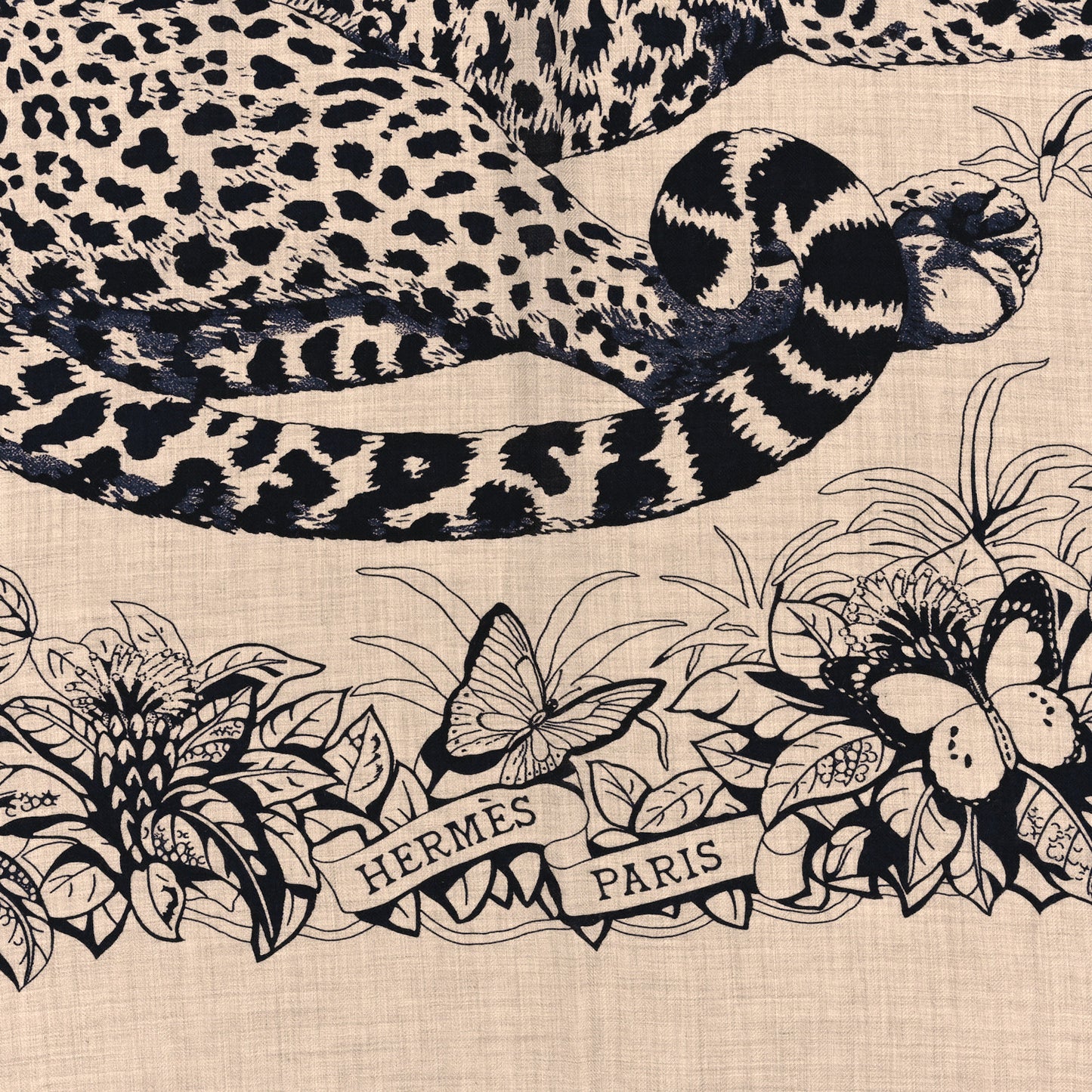 Cashmere Silk Jungle Love Tattoo Shawl 140 Natural Bleu Black