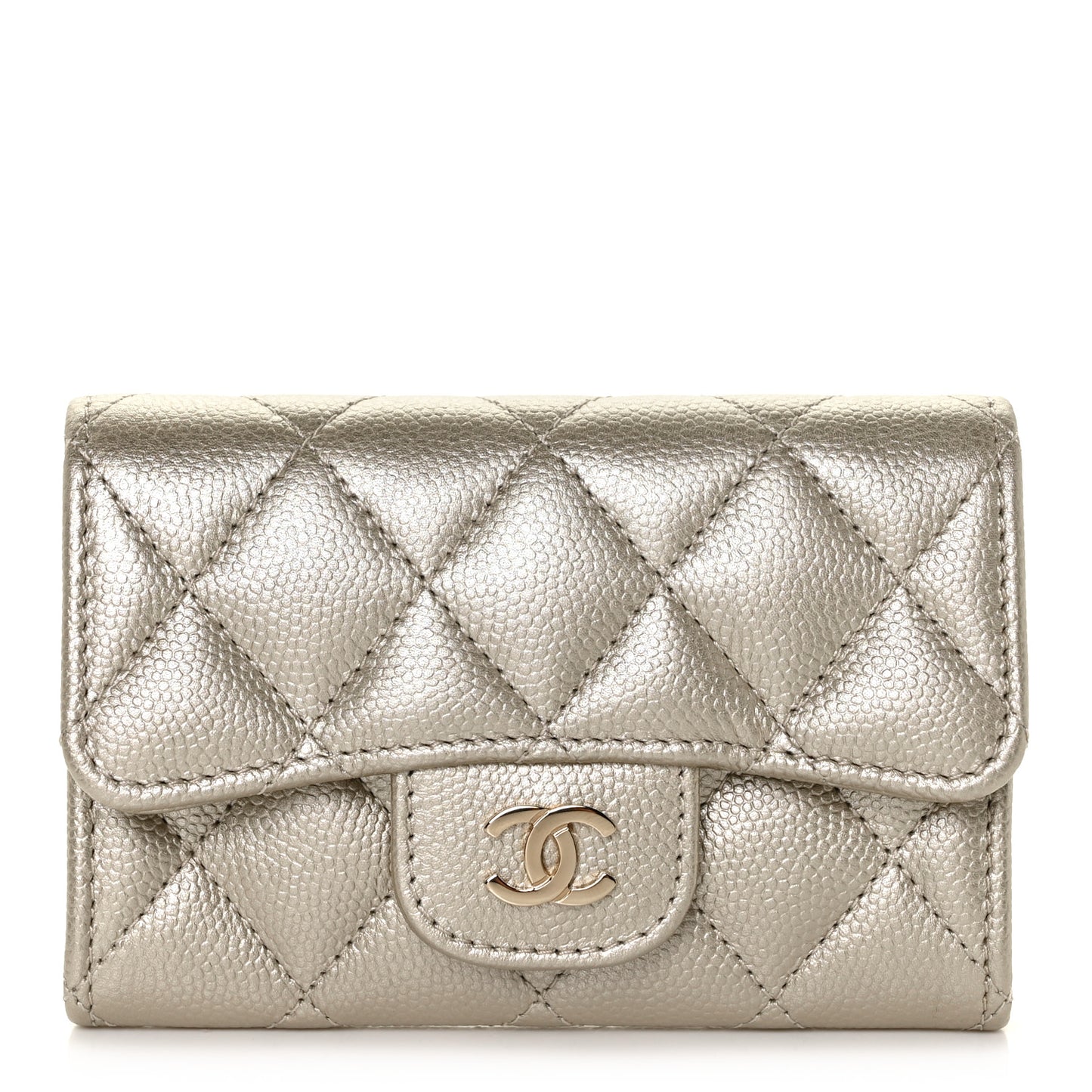 Metallic Caviar Quilted Flap Card Holder Gold