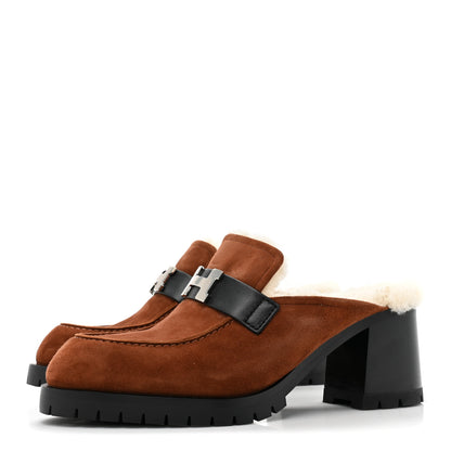 Hermes Suede Goatskin Woolskin Flore 60 Mules 39.5 Brun Amourette Ecru 3 of 10