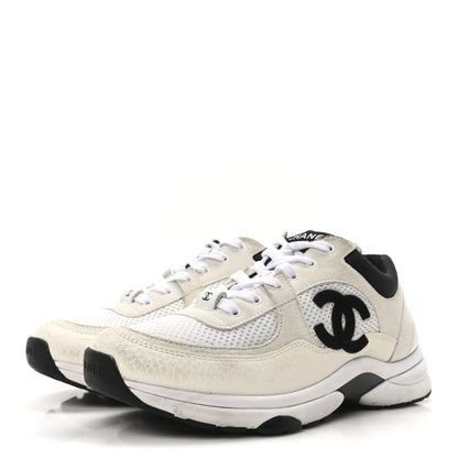 Chanel Mesh Suede Calfskin Grained Calfskin Womens CC Sneakers 39 White Black 4 of 9