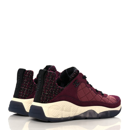 Chanel Tweed Suede Calfskin Grained Calfskin Womens CC Sneakers 39.5 Burgundy Black Silver 4 of 8
