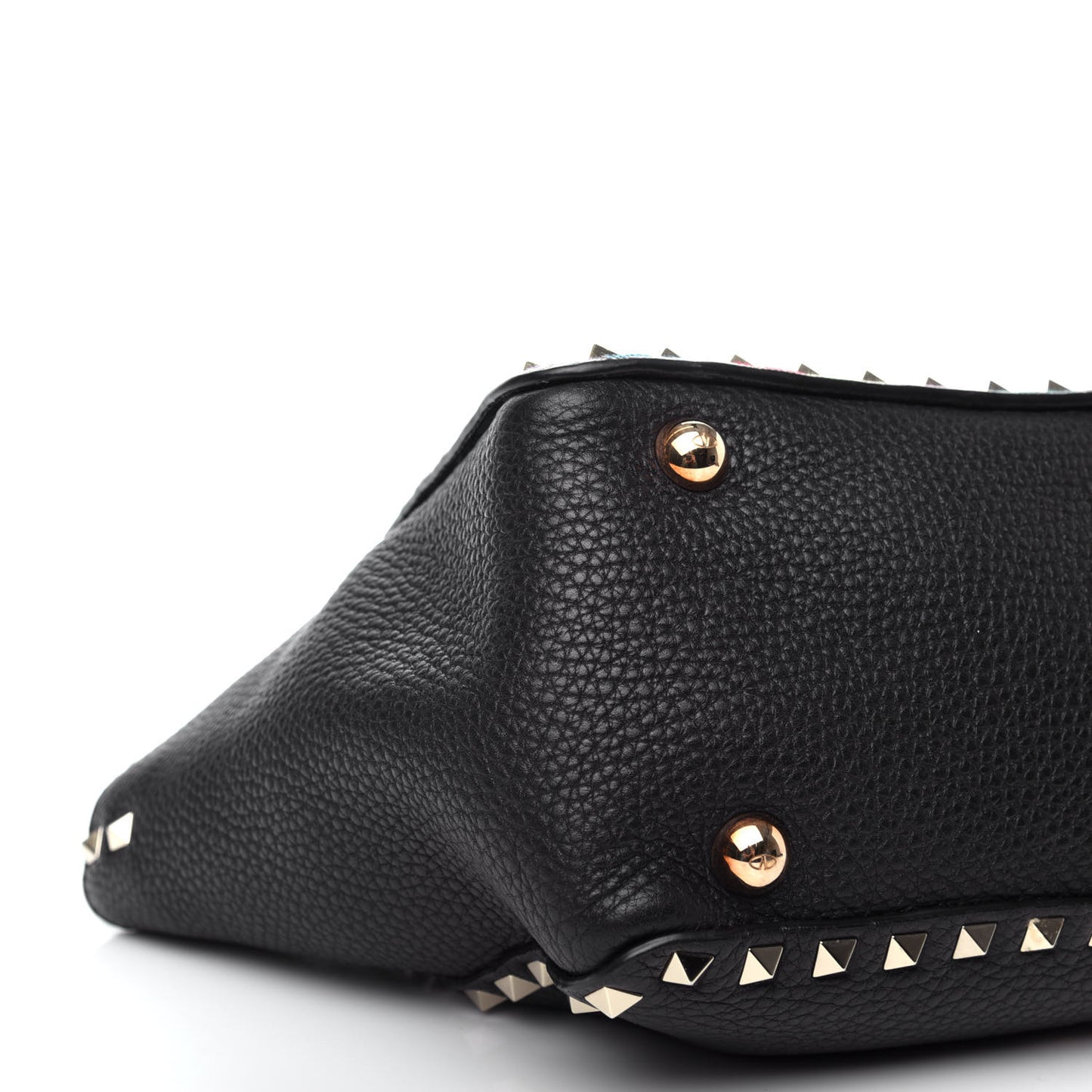 Grained Calfskin Embroidered Small Rockstud Rolling Tote Black