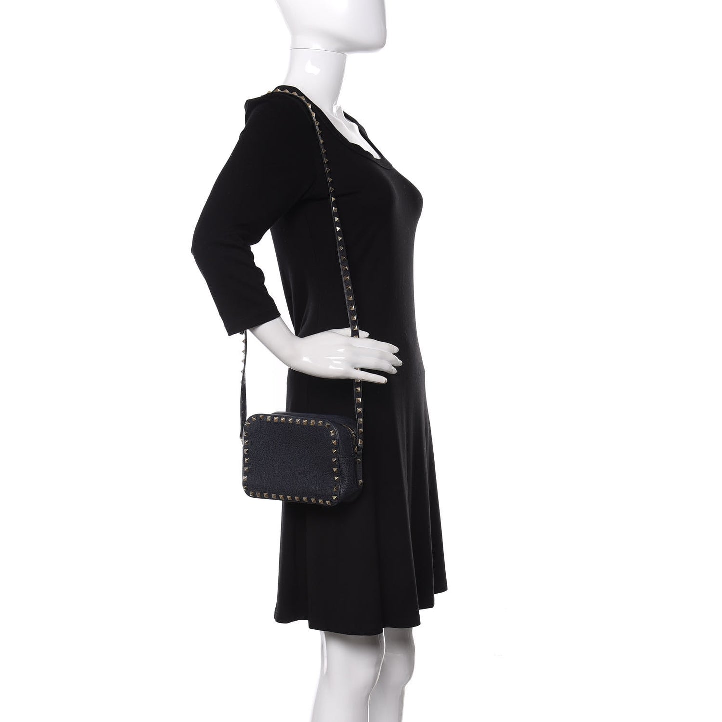 Pebbled Calfskin Rockstud Camera Crossbody Bag Deep Denim