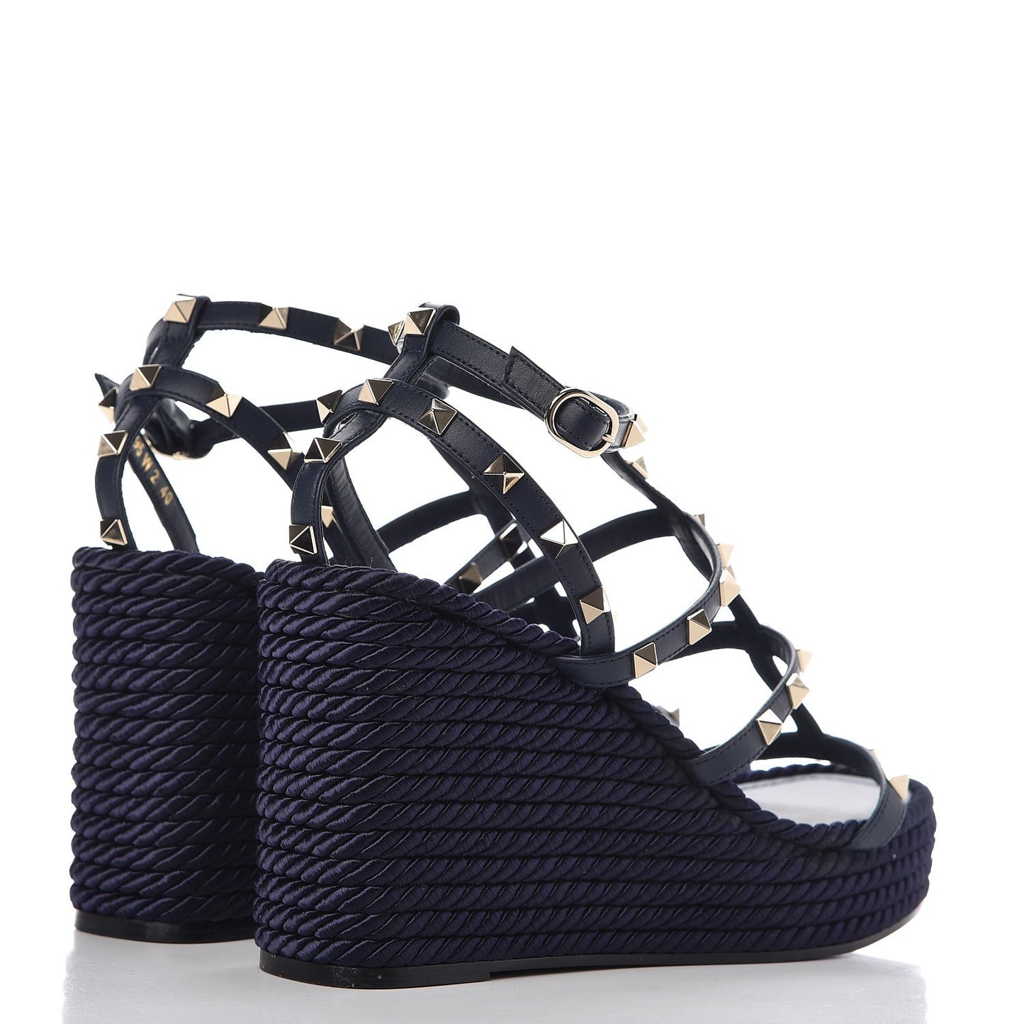 Calfskin Rockstud Ankle Strap Torchon Espadrille Caged Wedge Sandals 40 Navy