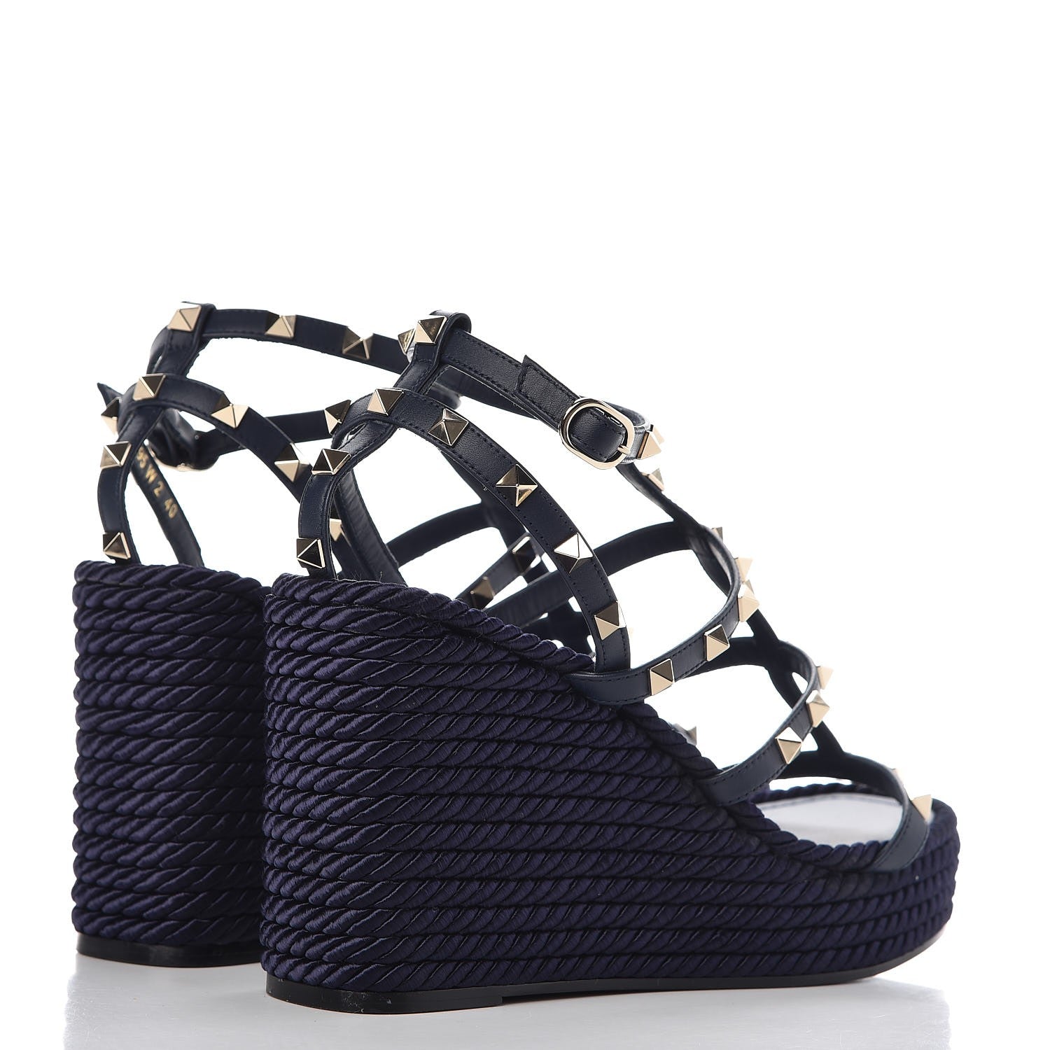 Valentino Garavani Calfskin Rockstud Ankle Strap Torchon Espadrille Caged Wedge Sandals 40 Navy 4 of 8