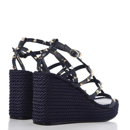 Valentino Garavani Calfskin Rockstud Ankle Strap Torchon Espadrille Caged Wedge Sandals 40 Navy 4 of 8