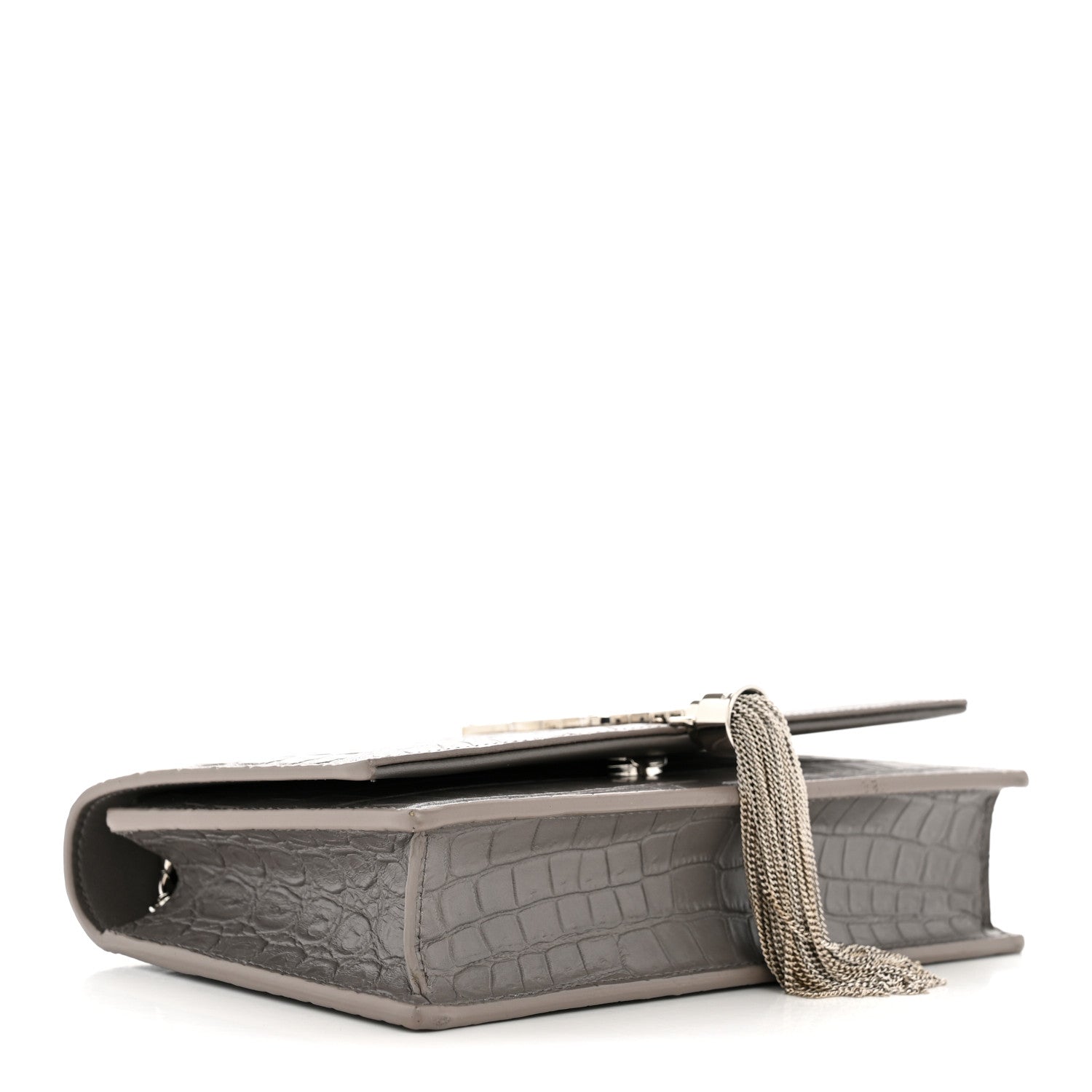 Saint Laurent Calfskin Crocodile Embossed Kate Monogram Tassel Chain Wallet Fog 4 of 12