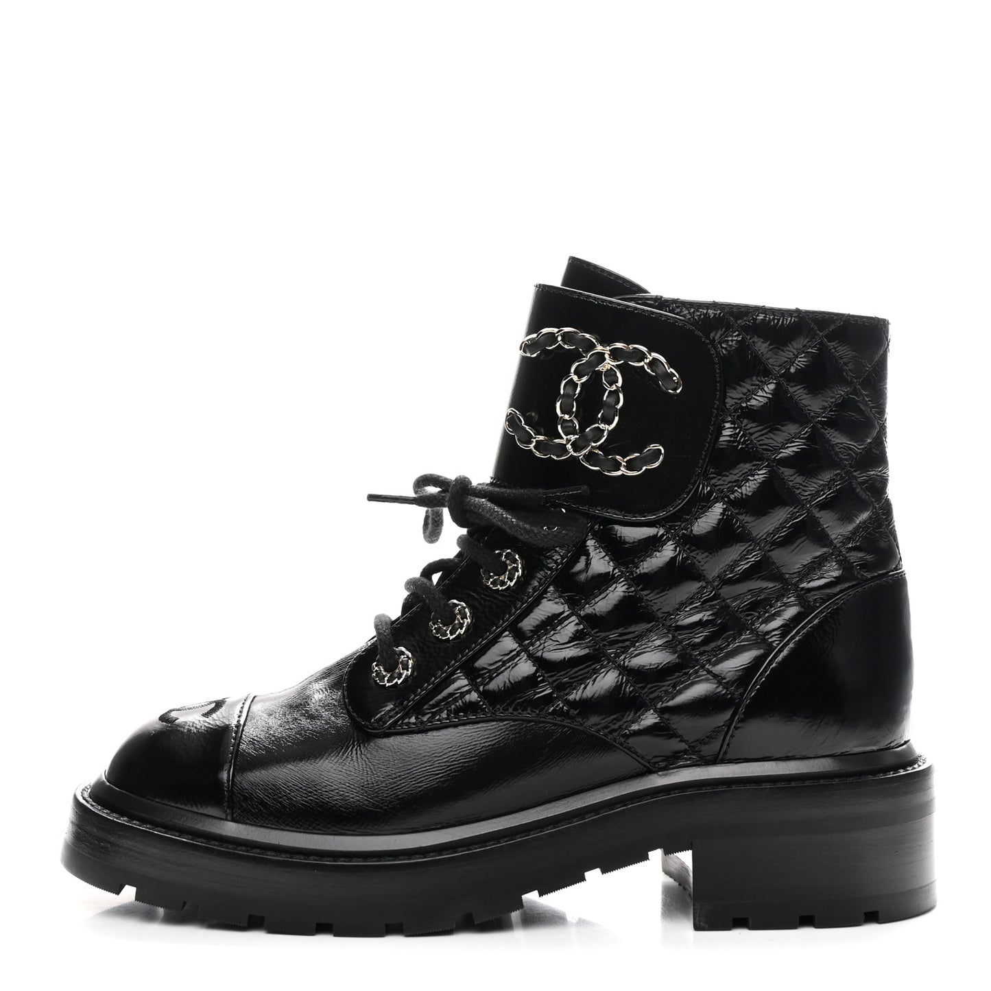 Shiny Calfskin Quilted Lace Up Combat Boots 36.5 Black