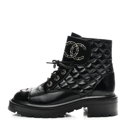 Chanel Shiny Calfskin Quilted Lace Up Combat Boots 36.5 Black 1 of 11