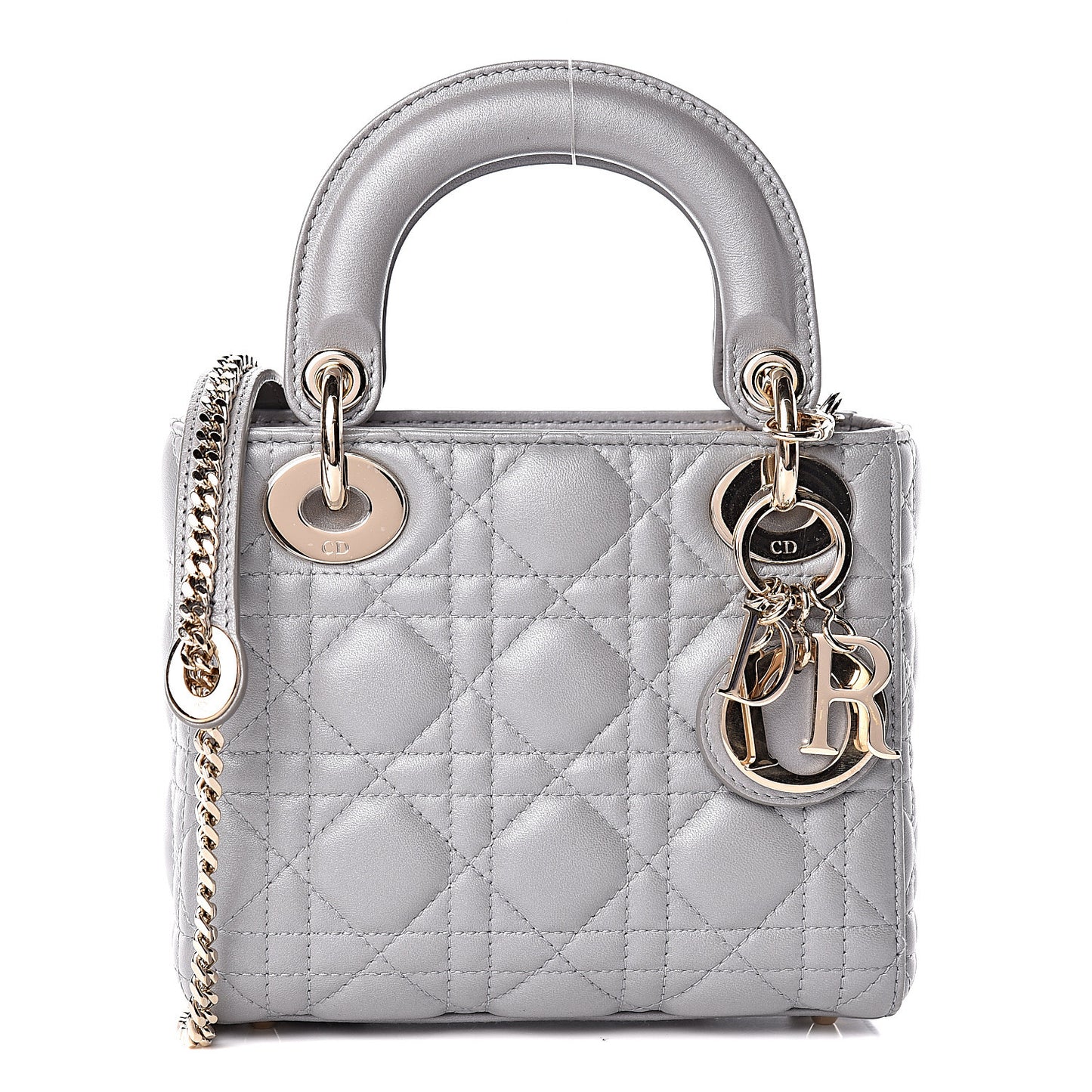 Metallic Lambskin Cannage Mini Lady Dior Grey
