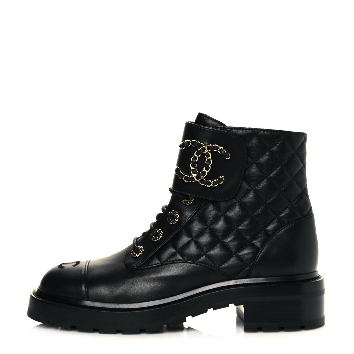 Shiny Lambskin Quilted Lace Up Combat Boots 39 Black