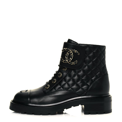 Chanel Shiny Lambskin Quilted Lace Up Combat Boots 39 Black 1 of 8