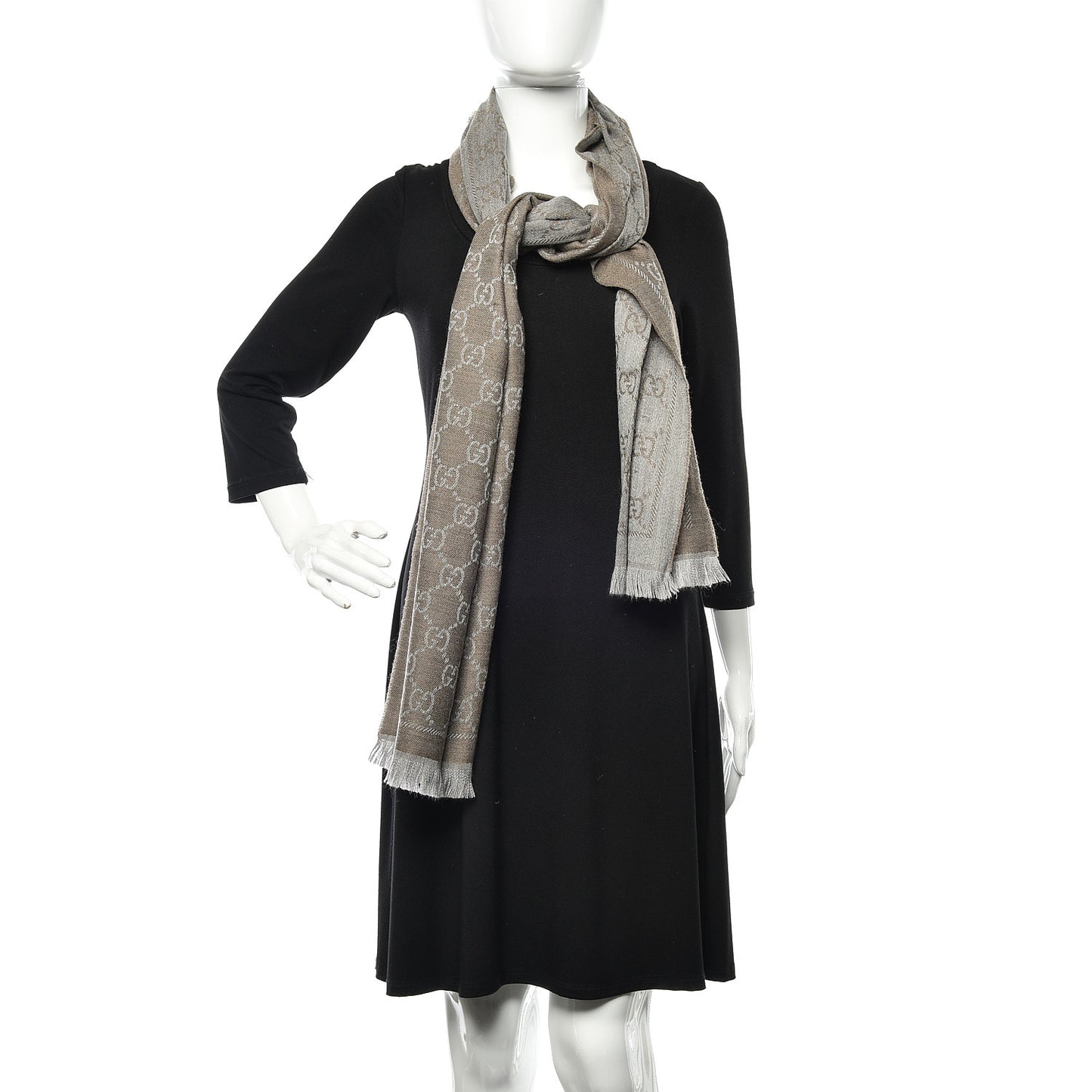 Wool Jacquard GG Monogram Sten Fringe Scarf Taupe Light Grey