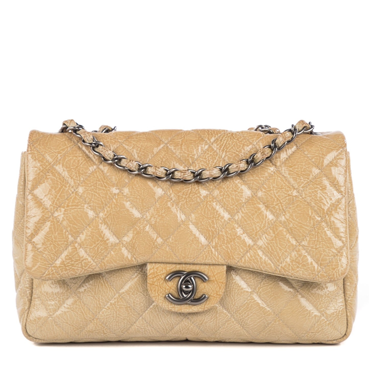 Crinkled Patent Quilted Jumbo Single Flap Light Beige