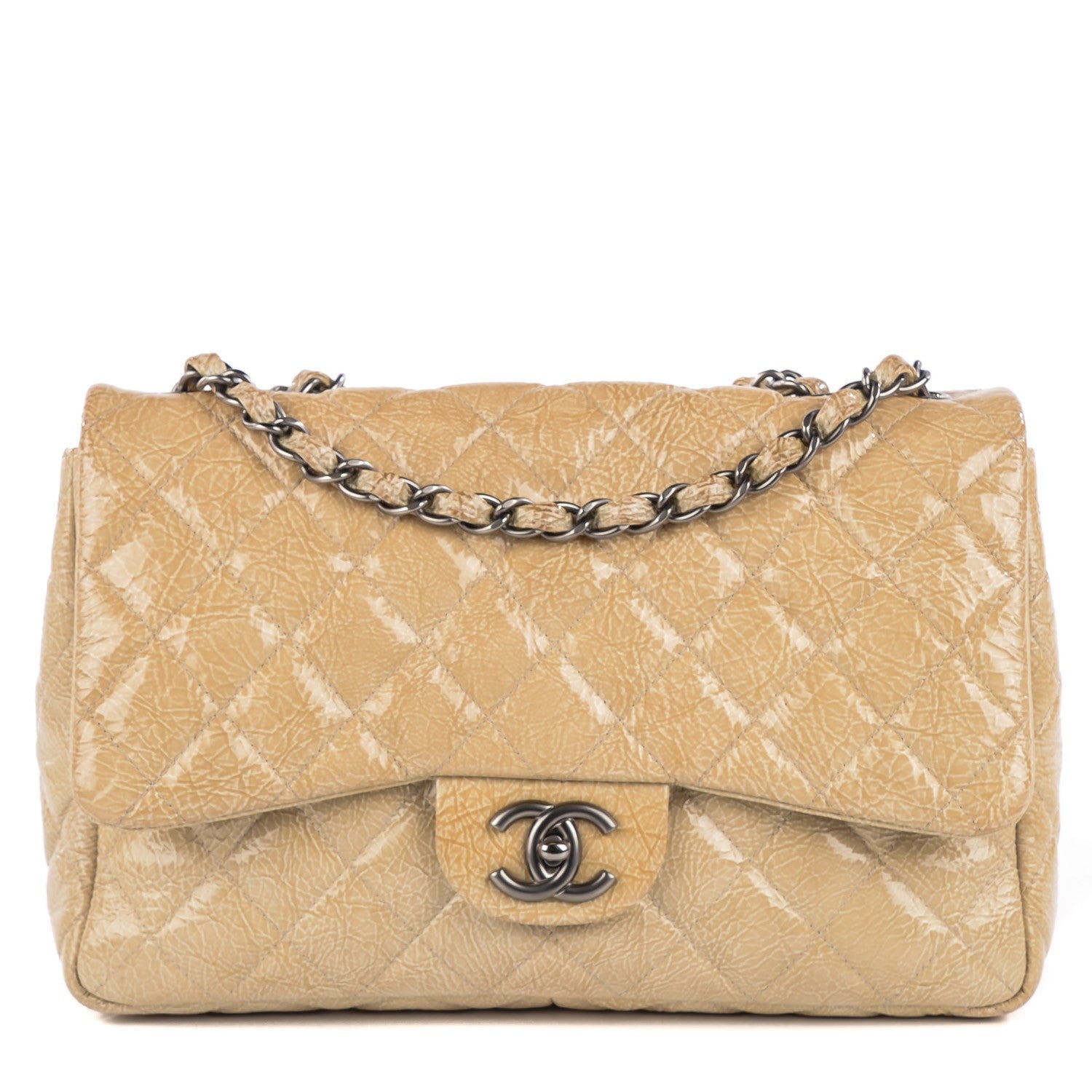 Chanel Crinkled Patent Quilted Jumbo Single Flap Light Beige 1 of 8