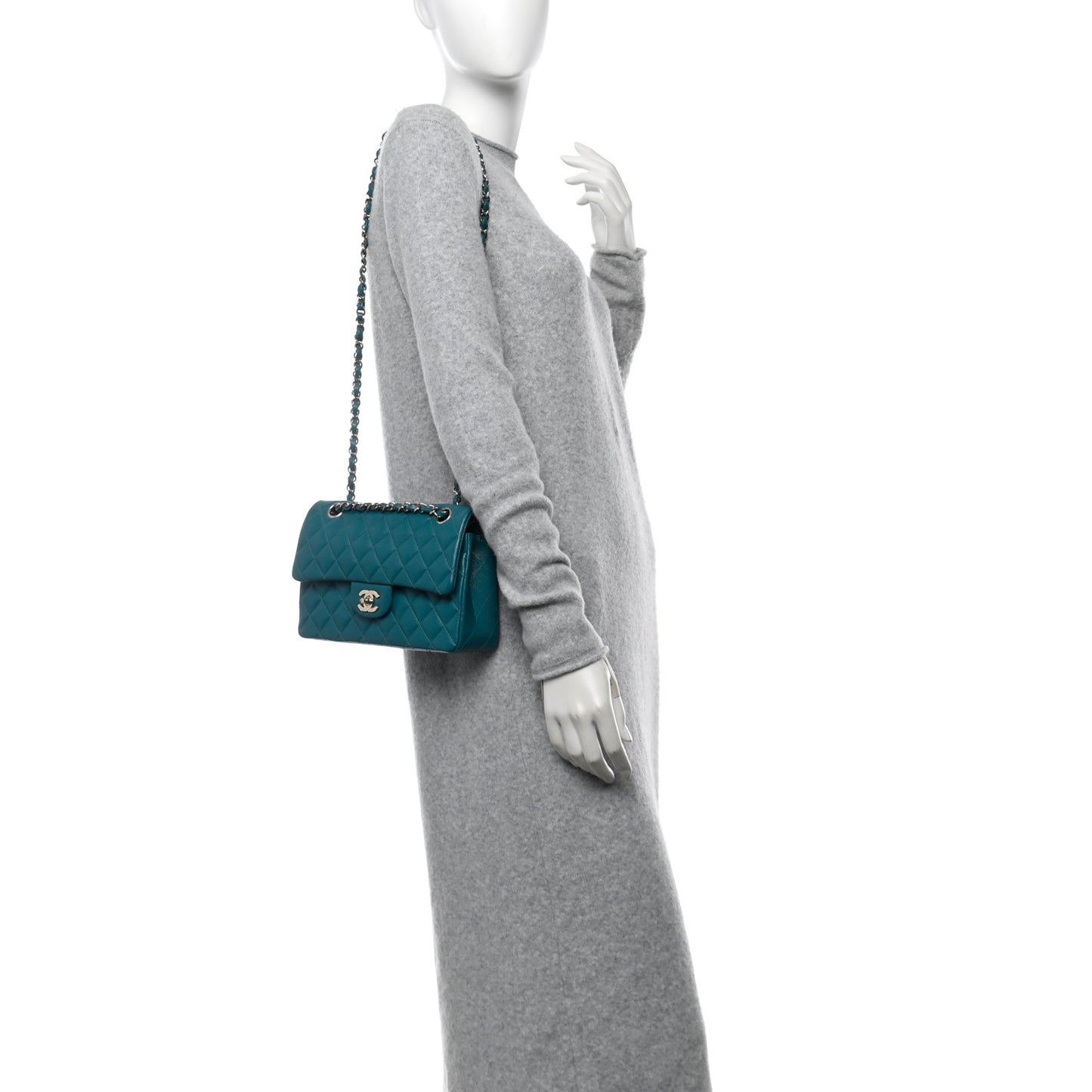 Caviar Quilted Small Double Flap Turquoise