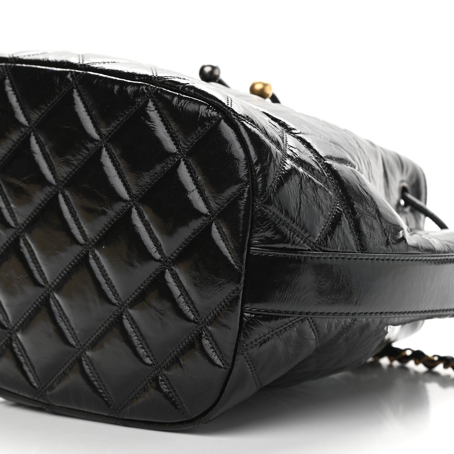 Shiny Aged Calfskin CC Chain Drawstring Bag Black