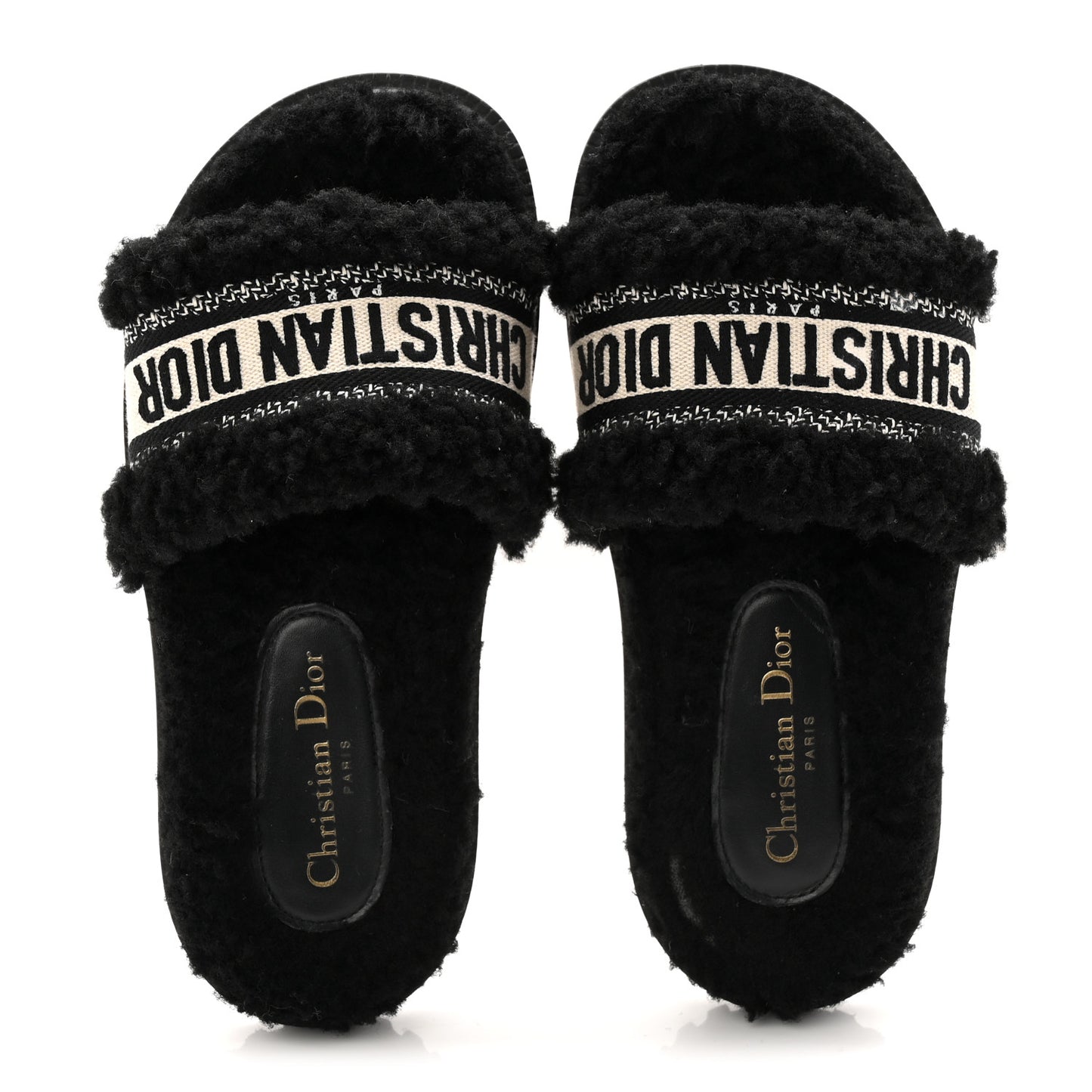 Shearling Canvas Lurex Embroidered Dway 10mm Slide Sandals 36 Black Natural