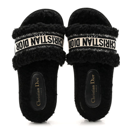 Christian Dior Shearling Canvas Lurex Embroidered Dway 10mm Slide Sandals 36 Black Natural 5 of 9