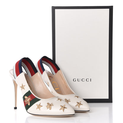 Gucci Malaga Kid Web Bee Star Embroidered Sylvie High Heel Slingback Pumps 39.5 White 10 of 10