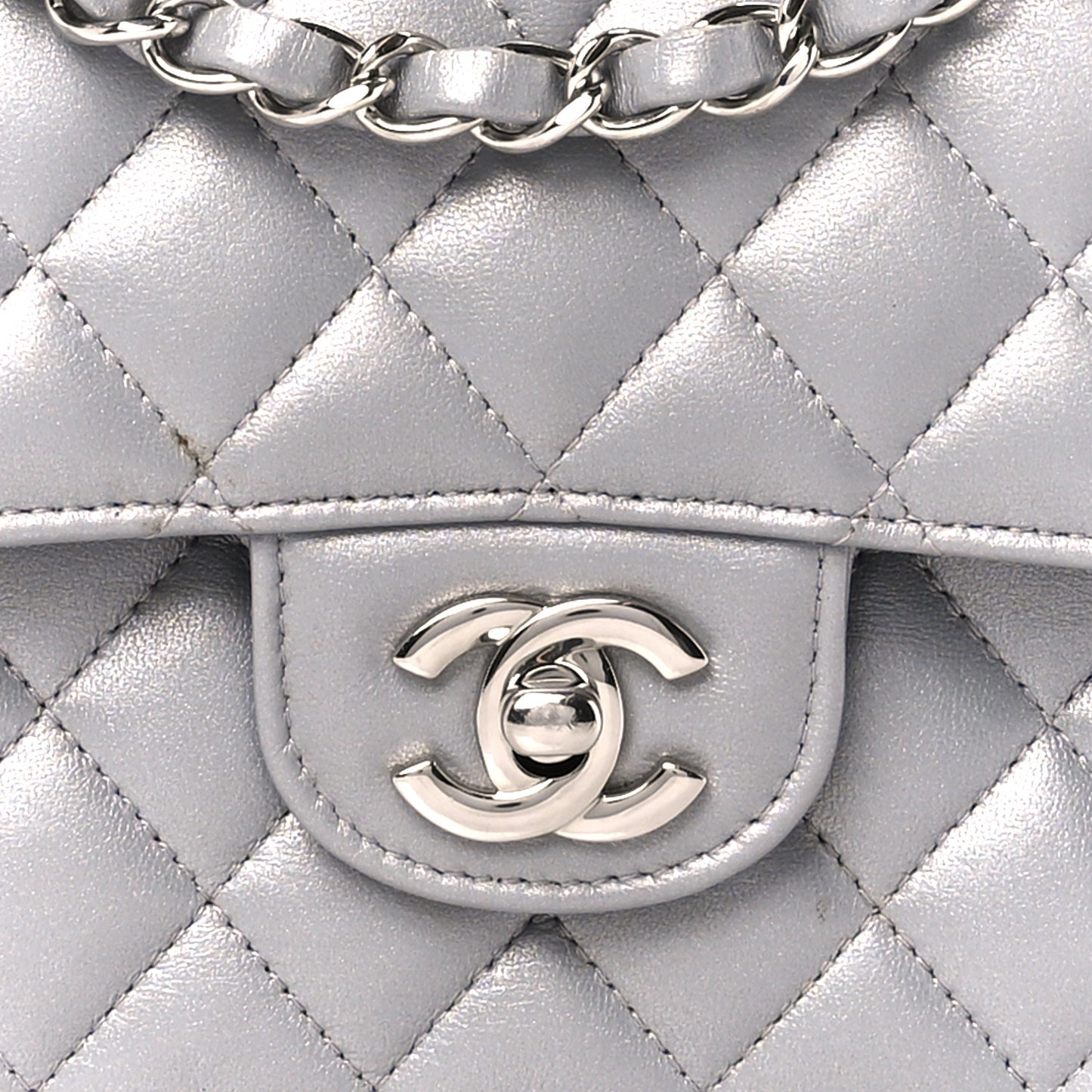 Metallic Lambskin Quilted Medium Double Flap Silver