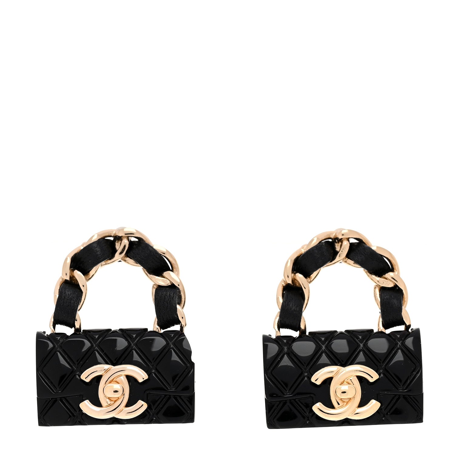 Chanel Metal Resin Lambskin Quilted CC Turnlock Chain Flap Bag Earrings Black Gold 1 of 8