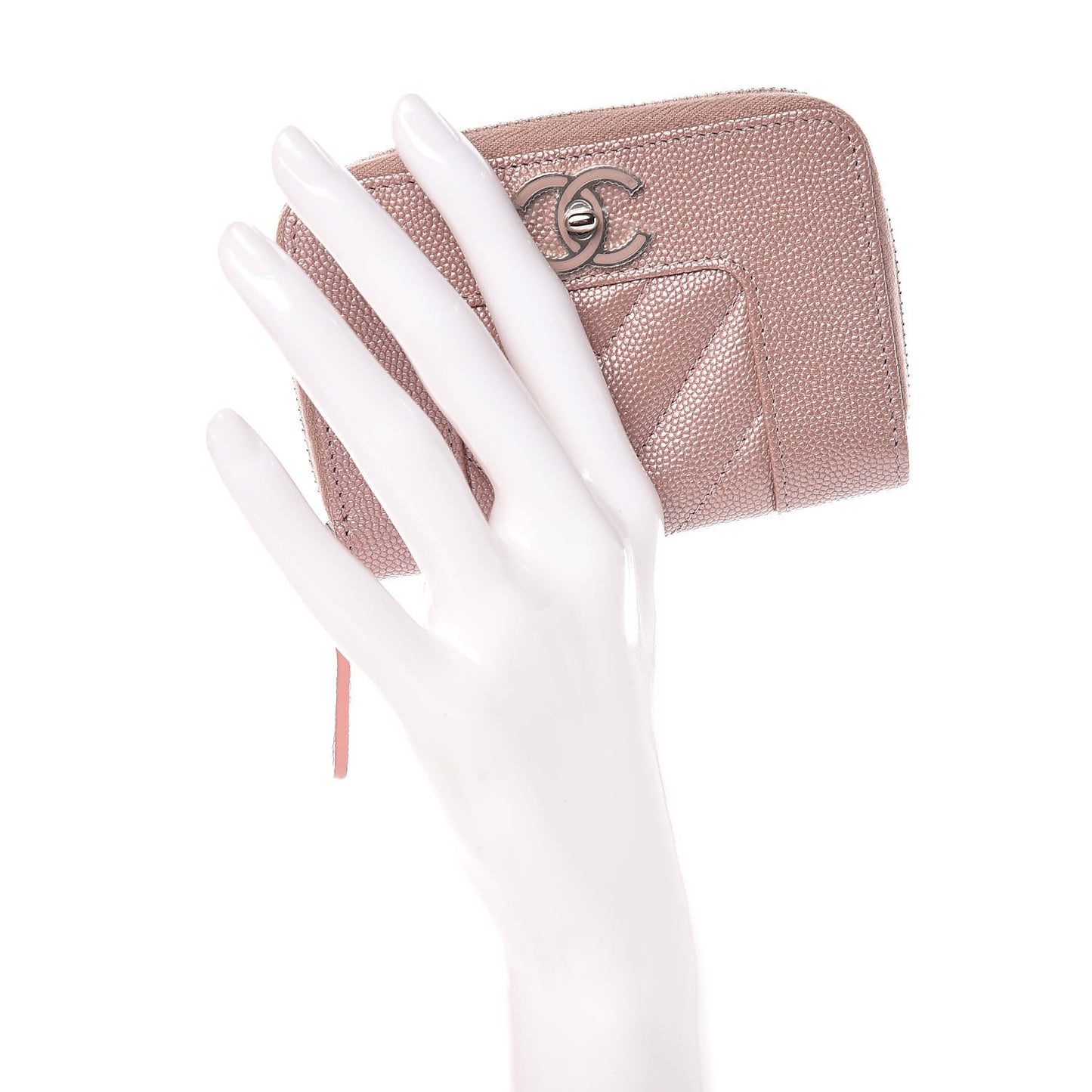 Metallic Caviar Chevron Quilted Vintage Mademoiselle Zip Coin Purse Pink