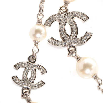 Chanel Crystal Pearl CC Long Necklace Silver 3 of 6