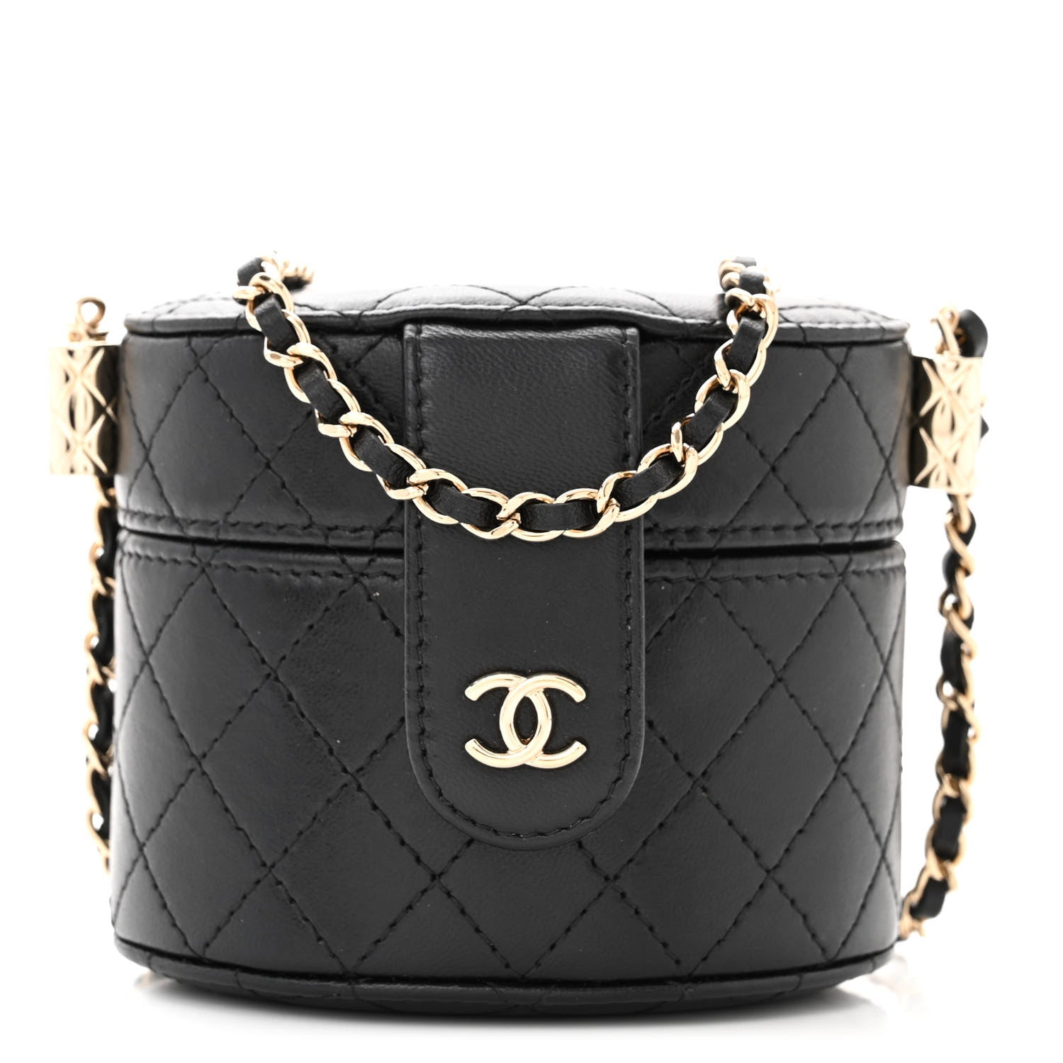 Chanel Lambskin Quilted Mini Round Vanity Case With Chain Black 1 of 11