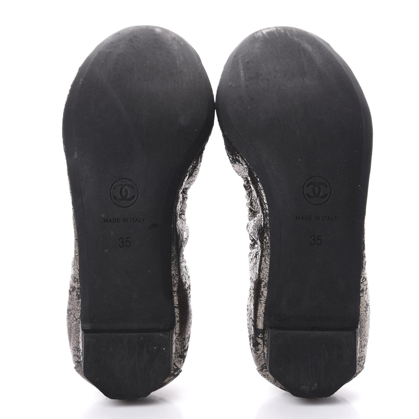 Metallic Crackled Calfskin CC Elastic Cap Toe Ballerina Flats 35 Dark Brown Black