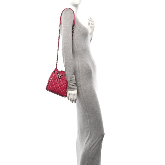 Crumpled Calfskin Quilted Chain All Over Drawstring Bucket Bag Pink