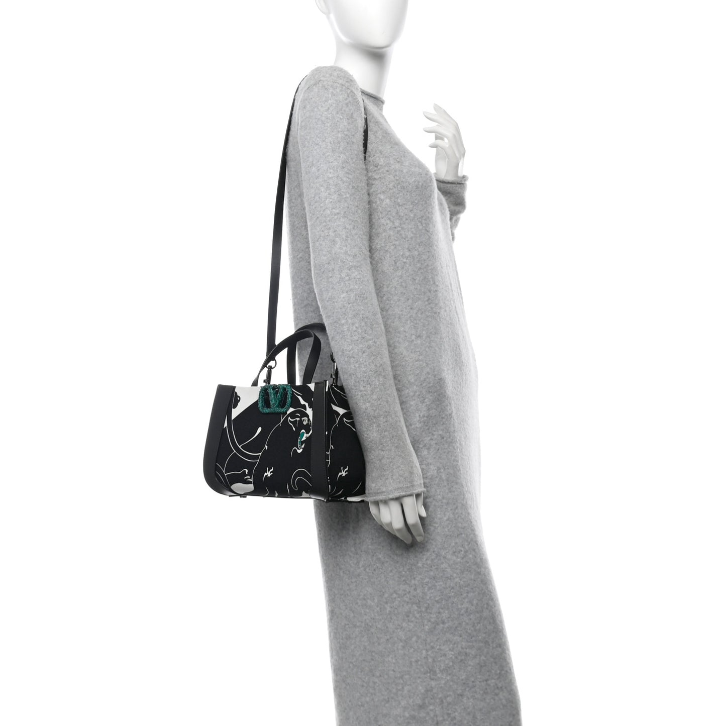 Canvas Panther Calfskin Crystal Small Vlogo Signature Tote Black White