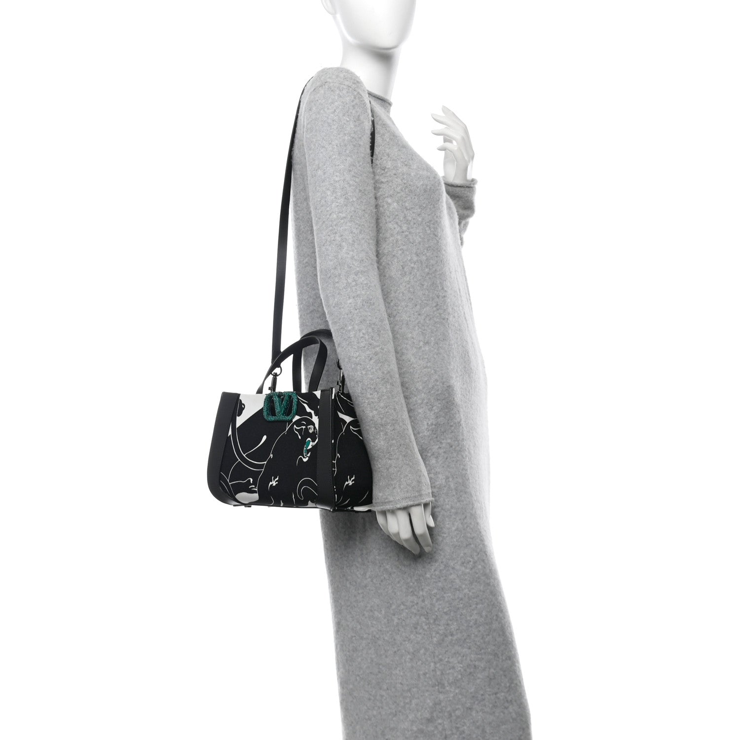 Valentino Garavani Canvas Panther Calfskin Crystal Small Vlogo Signature Tote Black White 2 of 12