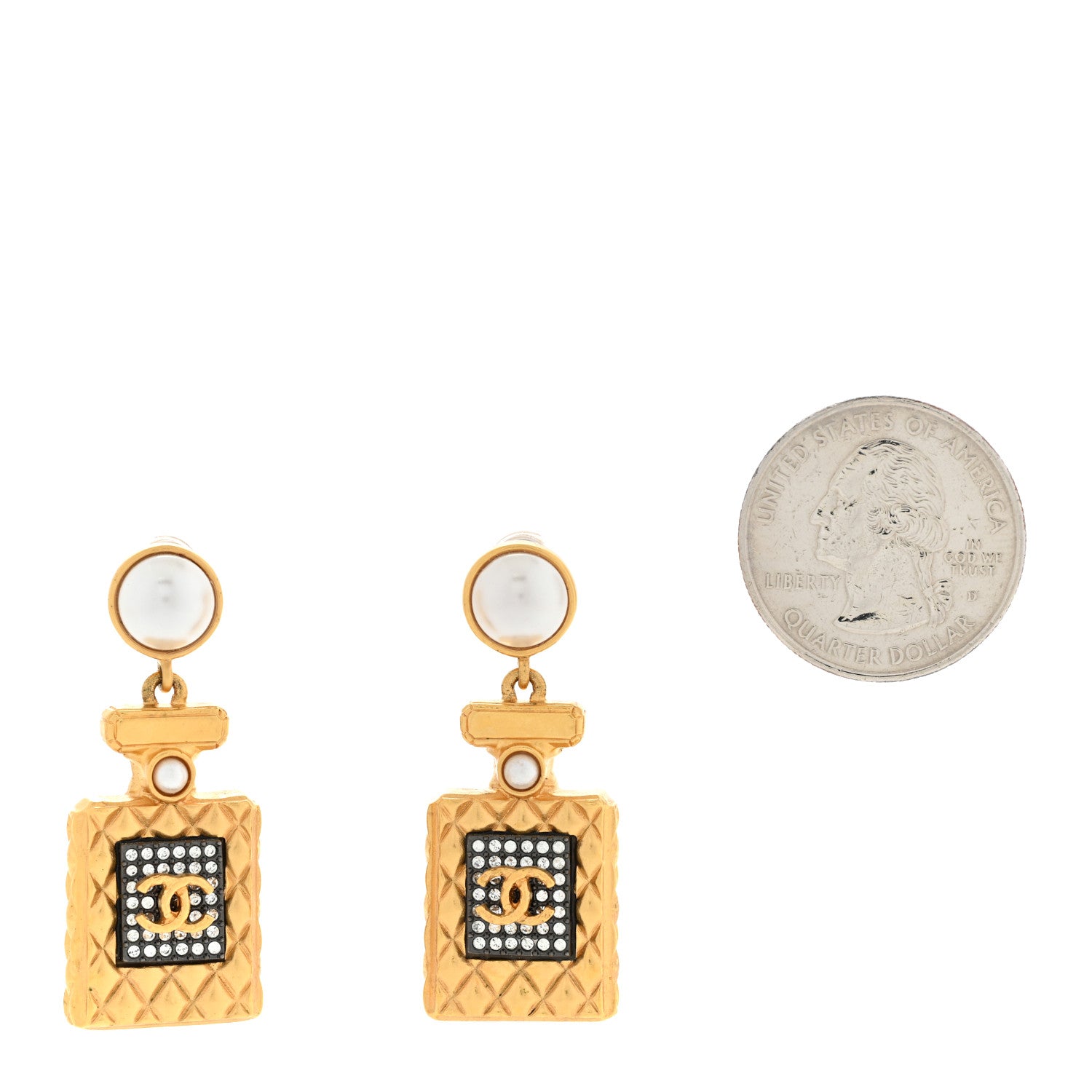 Chanel Crystal Pearl CC Perfume Bottle Drop Earrings Gold 2 of 5