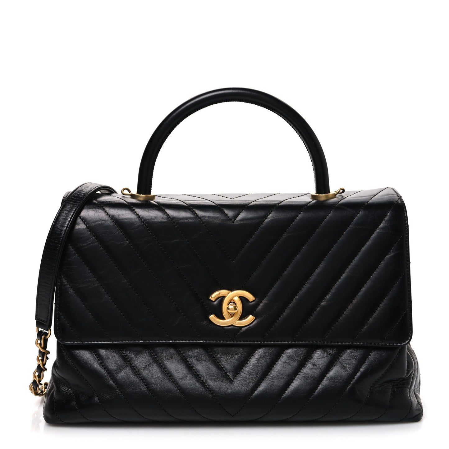 Aged Calfskin Chevron Quilted Medium Coco Handle Flap Black