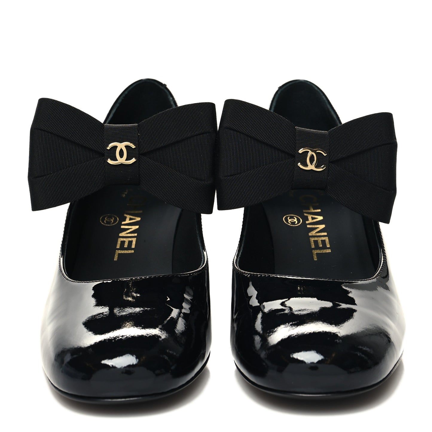 Patent Calfskin Grosgrain CC Mary Jane Pumps 36 Black