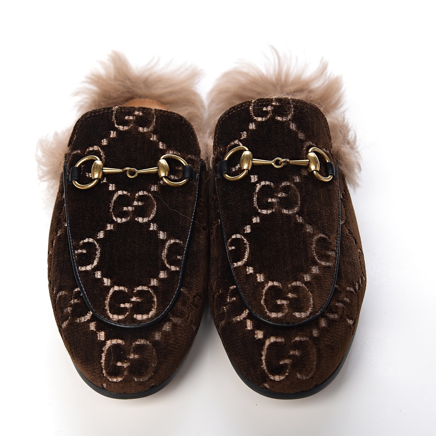 Gucci Velvet GG Monogram Fur Womens Princetown Slippers 35 Brown Black Natural 9 of 9