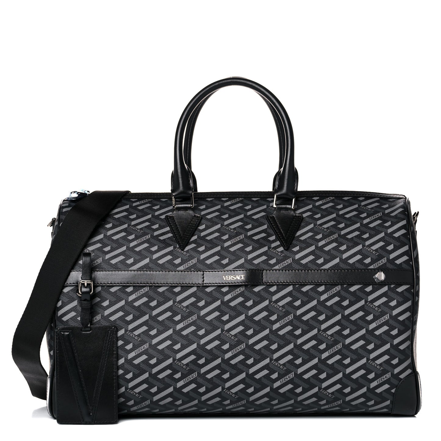 Coated Canvas Calfskin La Greca Signature Travel Bag Black Grey