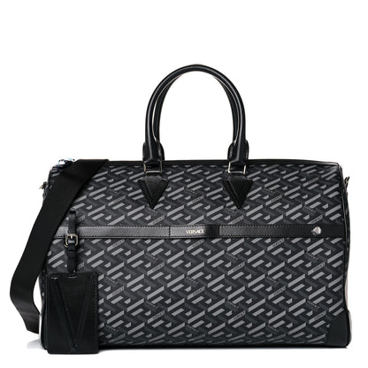 Versace Coated Canvas Calfskin La Greca Signature Travel Bag Black Grey 1 of 14