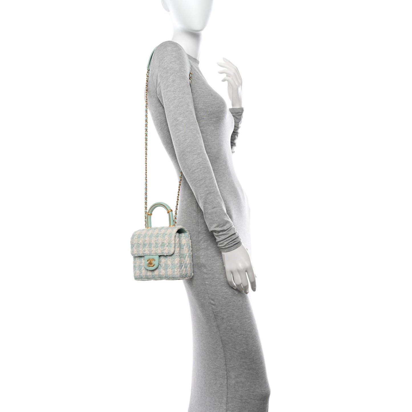 Tweed Handle Crush Top Handle Flap Bag Light Blue Ecru