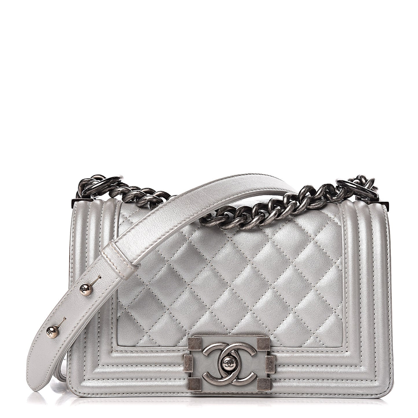 Metallic Calfskin Quilted Small Boy Flap Silver