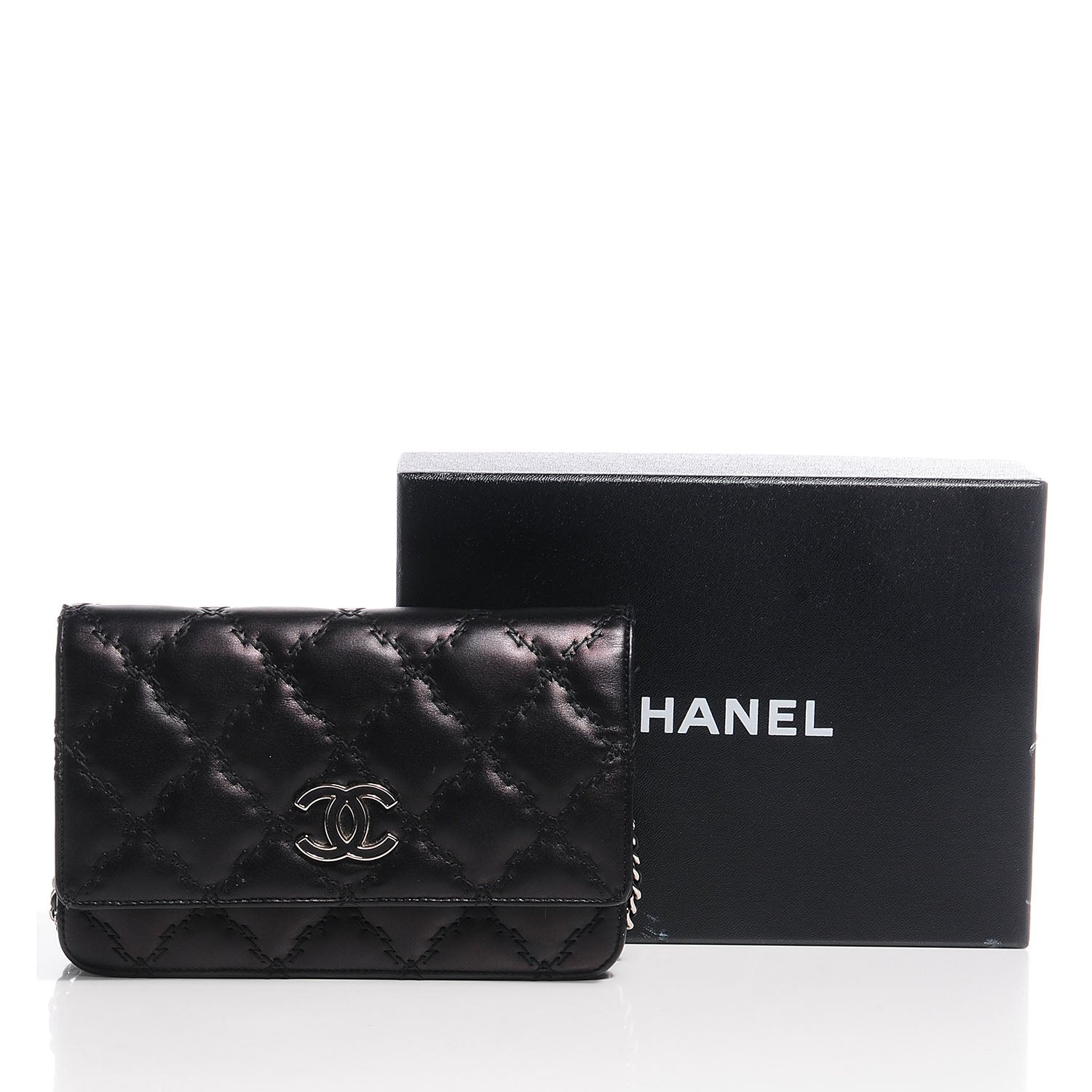 Chanel Calfskin Double Stitch Hamptons Wallet On Chain WOC Black 5 of 11