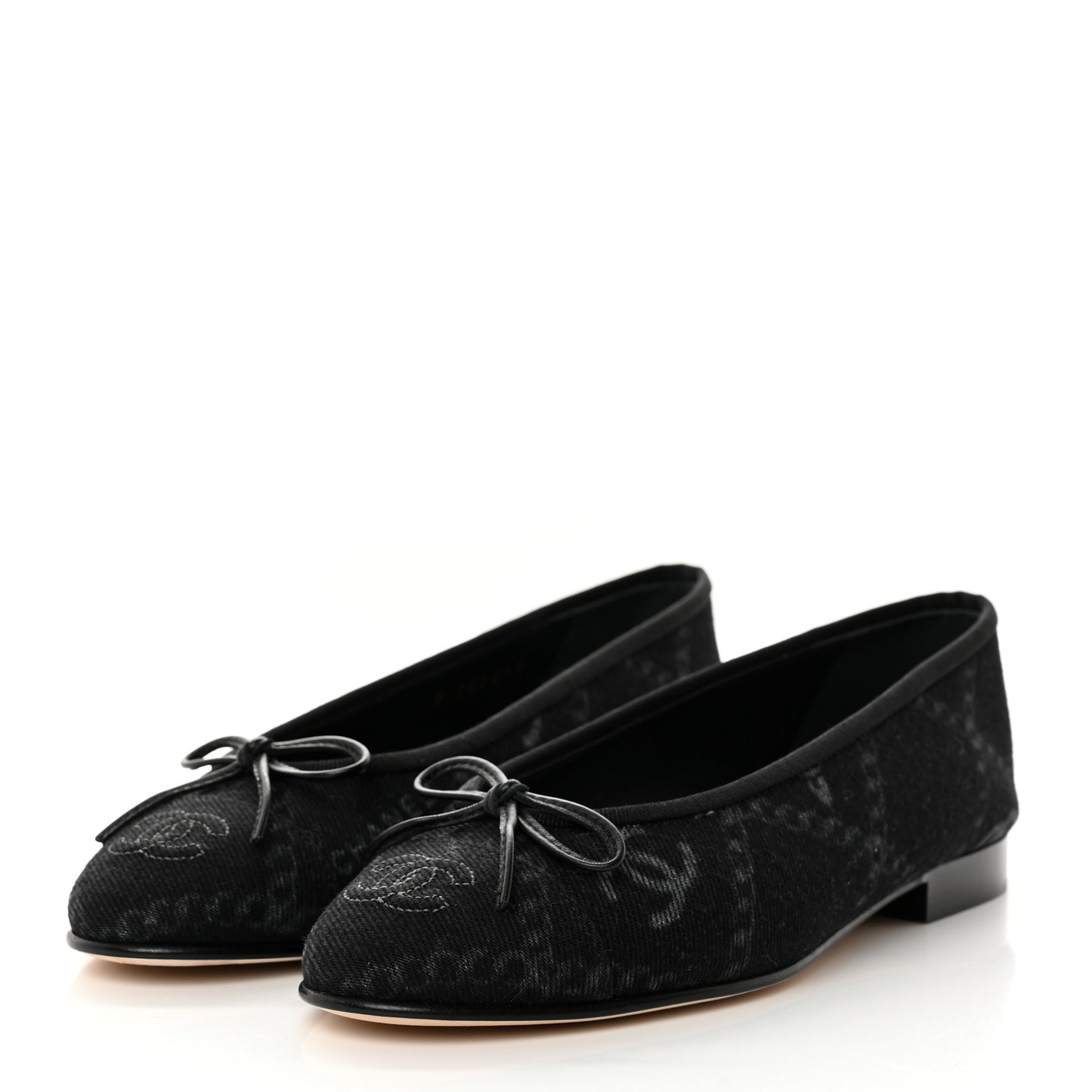 Printed Denim CC Cap Toe Ballerina Flats 36 Black White
