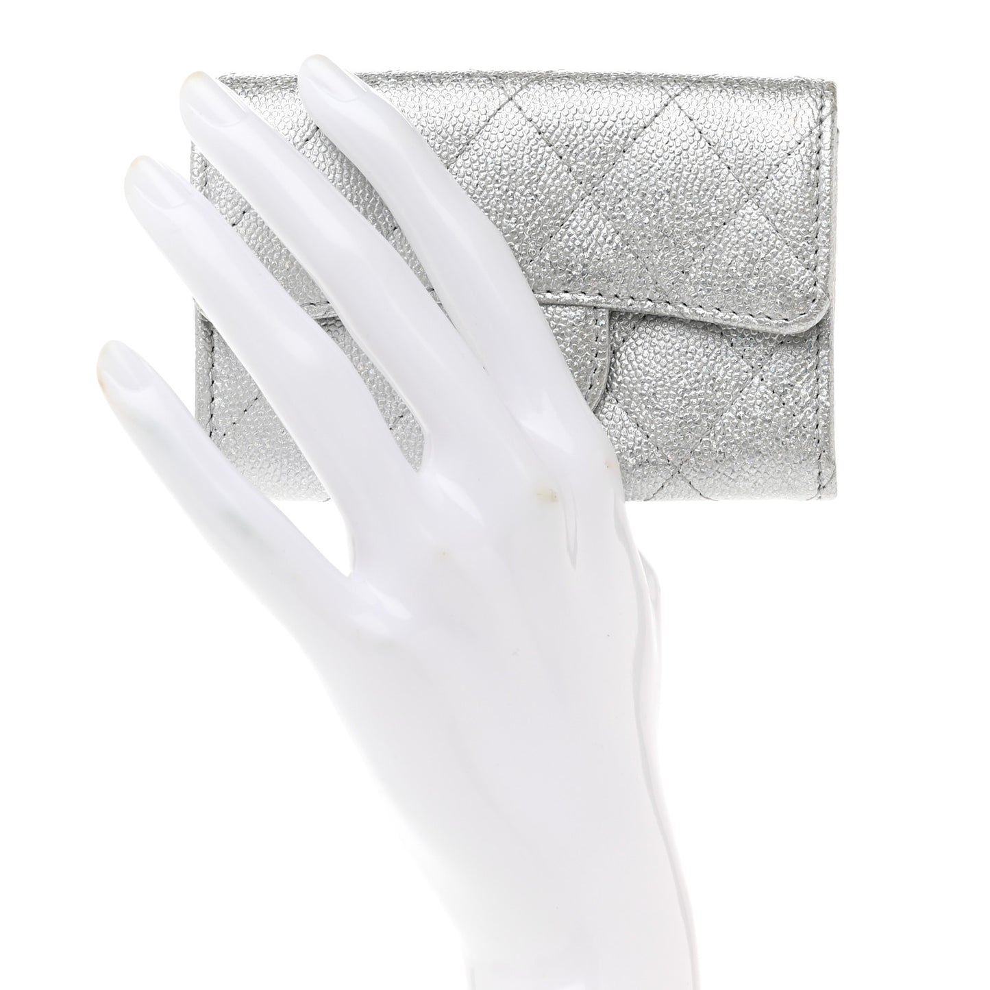 Glittered Metallic Caviar Quilted Flap Card Holder Wallet Silver