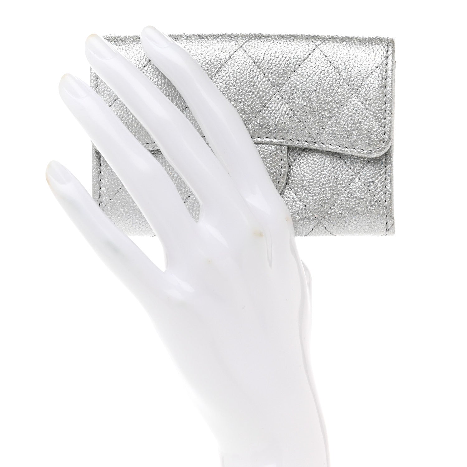 Chanel Glittered Metallic Caviar Quilted Flap Card Holder Wallet Silver 2 of 9